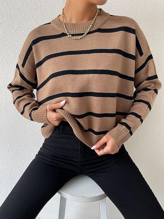 Loxina | Pull Khaki à Rayures Noires en Tricot pour Femme