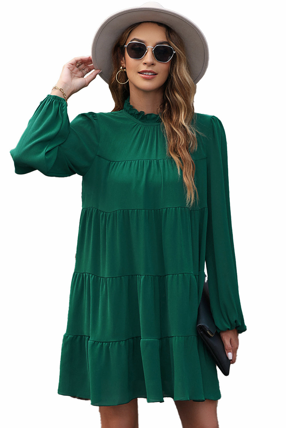 Géralda | Robe Vert Tendance avec Volants, Manches Bouffantes et Col Montant