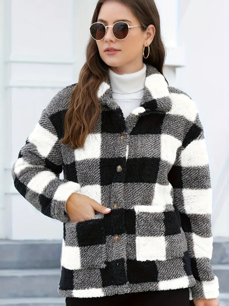 Rafaëlla | Manteau Plaid en Tissu Teddy Doux, Col Rabattu et Poches Pratiques