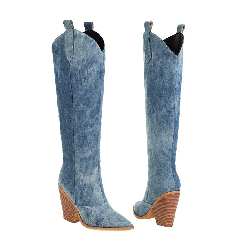 Zennelie | Bottes Hautes Cowboy en Denim Femme à Talon Bloc, Bout Pointu