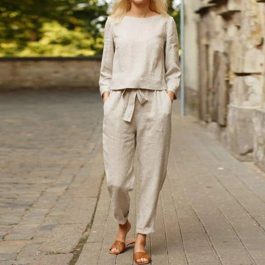 Orianne | Ensemble Femme 100 % Coton – Blouse Manches Longues & Pantalon Taille Haute – Élégant & Confortable