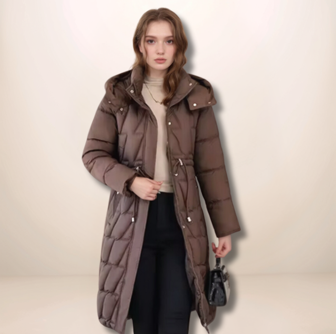 Agnès | Manteau Long d'Hiver Femme avec Capuche, Fermeture Éclair, Matelassé, Taille Ajustable avec Cordon