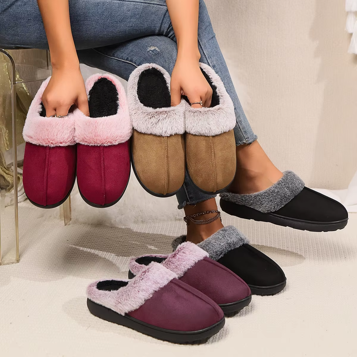 Daphnielle | Chaussons d'hiver pour femme, fermés, doublure en peluche, légers et respirants