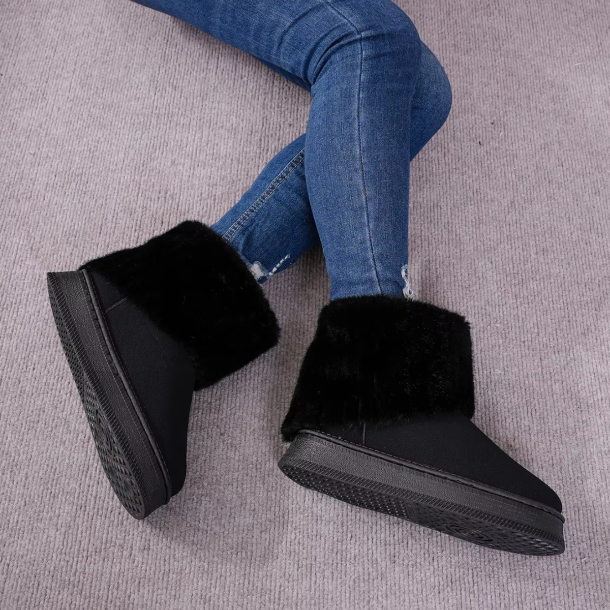 Quelin | Bottines hiver femme en couleur unie, semelle épaisse, détails en fourrure et confort premium