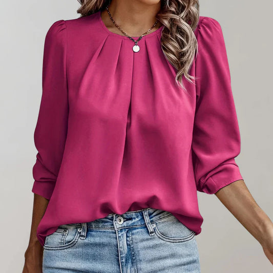 Tylane | Blouse en Chiffon à Manches Longues et Col Rond - Rose Foncé pour Femme