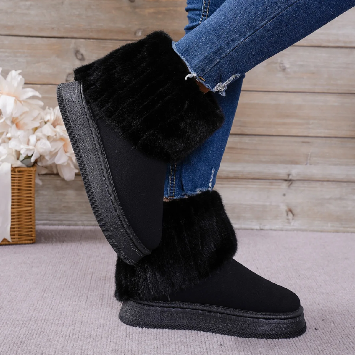 Quelin | Bottines hiver femme en couleur unie, semelle épaisse, détails en fourrure et confort premium