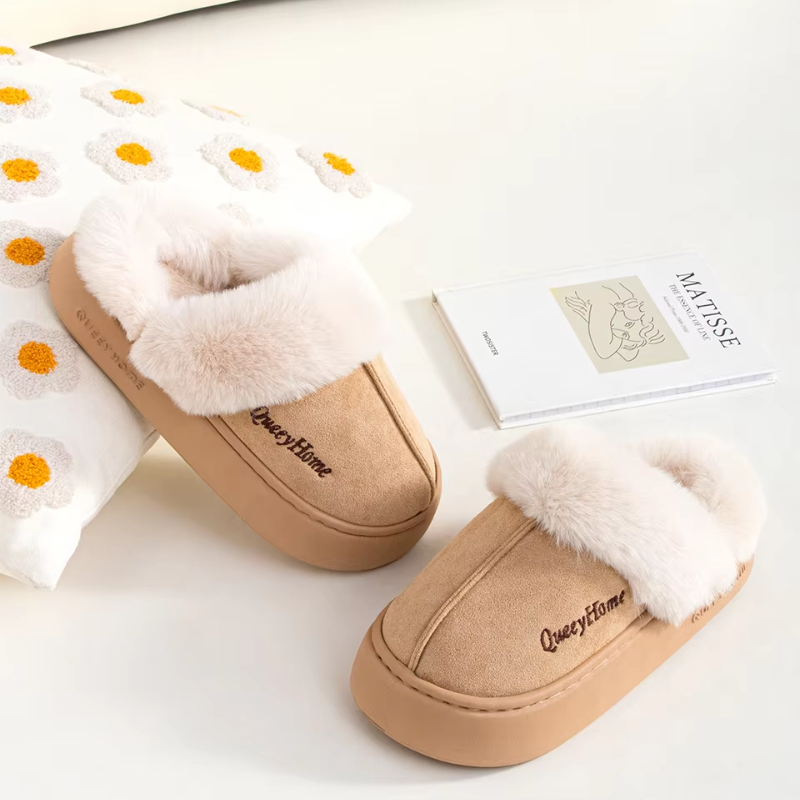 Faustinea | Chaussons d'hiver pour femme, semelle épaisse, doublure en peluche, fermés, avec imprimé "QueenyHome"