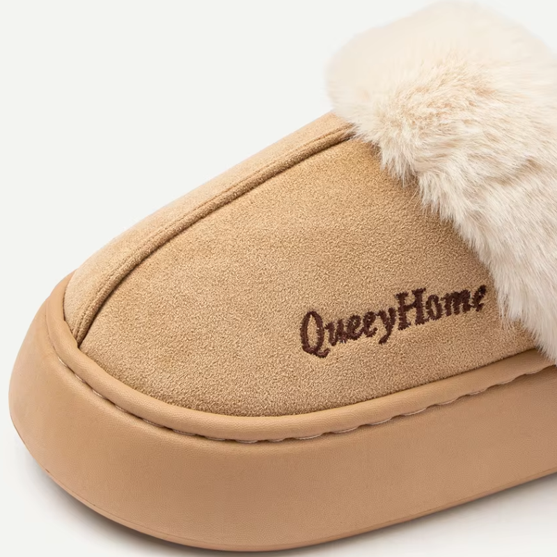 Faustinea | Chaussons d'hiver pour femme, semelle épaisse, doublure en peluche, fermés, avec imprimé "QueenyHome"