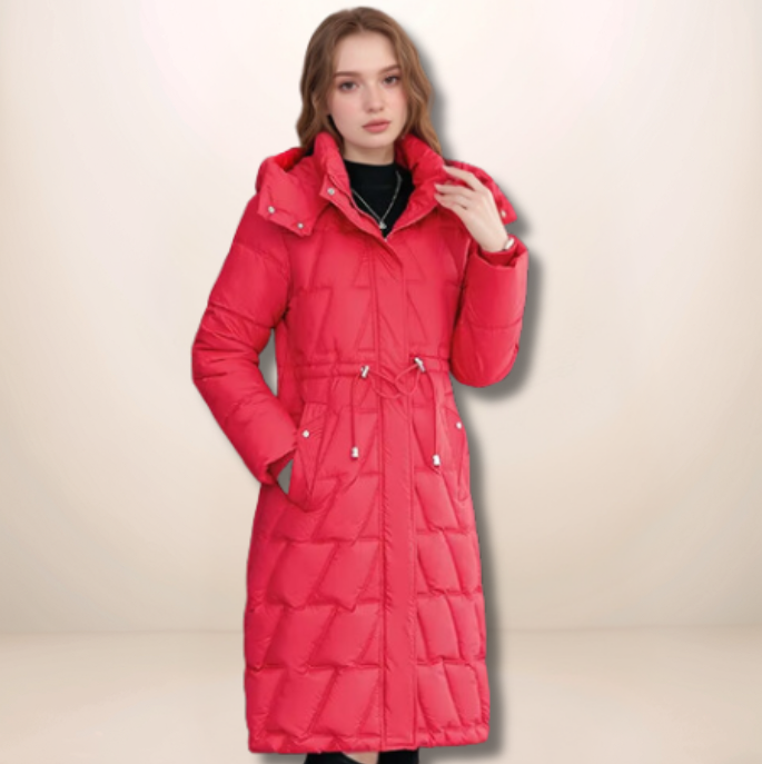 Agnès | Manteau Long d'Hiver Femme avec Capuche, Fermeture Éclair, Matelassé, Taille Ajustable avec Cordon