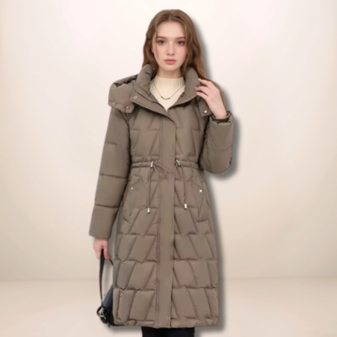 Agnès | Manteau Long d'Hiver Femme avec Capuche, Fermeture Éclair, Matelassé, Taille Ajustable avec Cordon