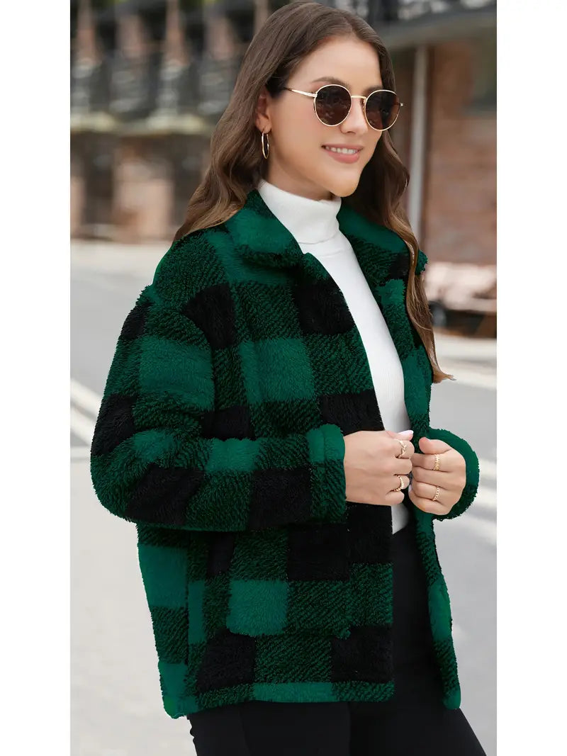 Rafaëlla | Manteau Plaid en Tissu Teddy Doux, Col Rabattu et Poches Pratiques