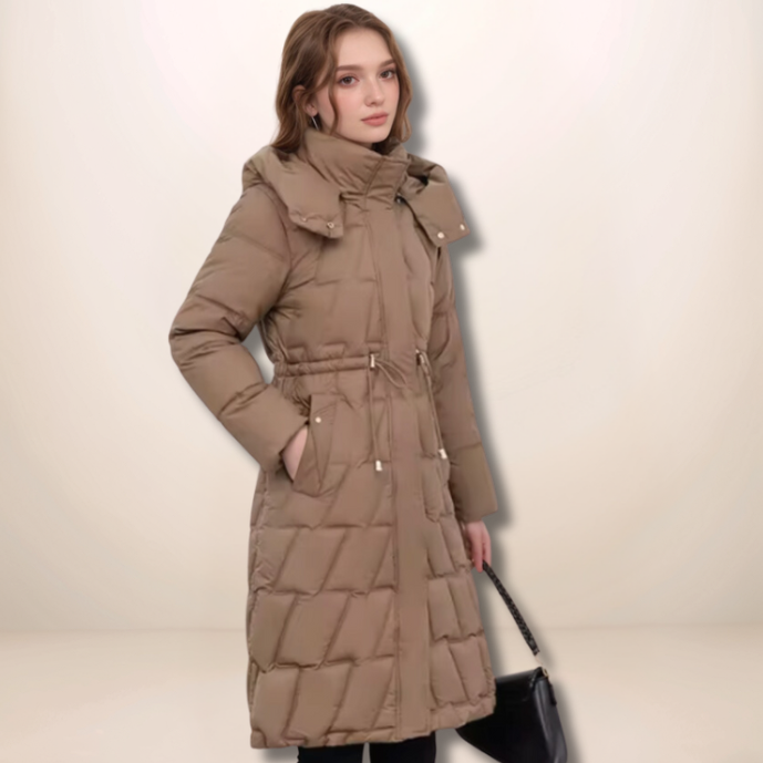 Agnès | Manteau Long d'Hiver Femme avec Capuche, Fermeture Éclair, Matelassé, Taille Ajustable avec Cordon