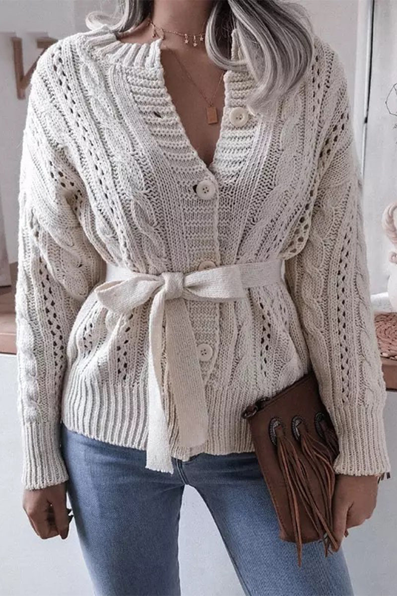 Zélan | Cardigan Tricoté Femme Unicolore Boutonné avec Ceinture à Nouer à la Taille, Élégant et Confortable