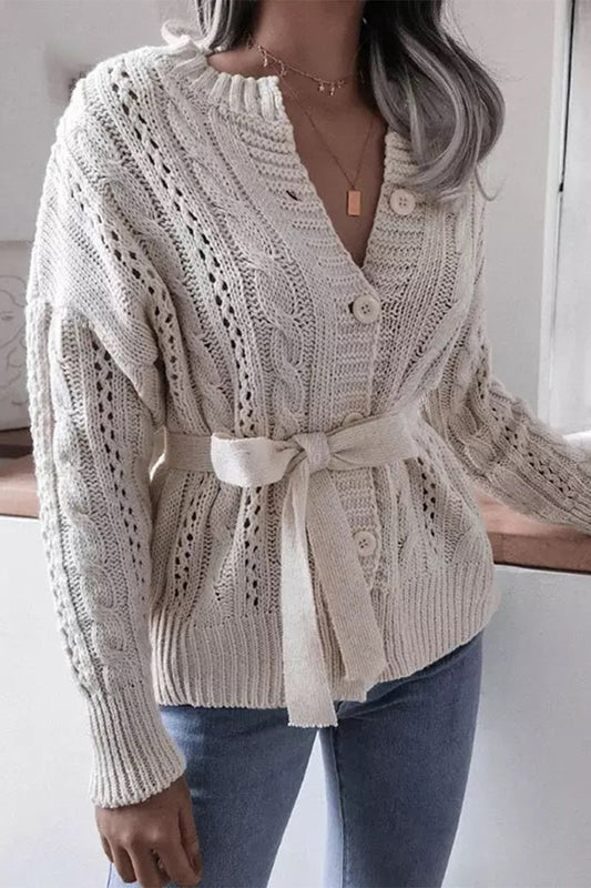 Zélan | Cardigan Tricoté Femme Unicolore Boutonné avec Ceinture à Nouer à la Taille, Élégant et Confortable