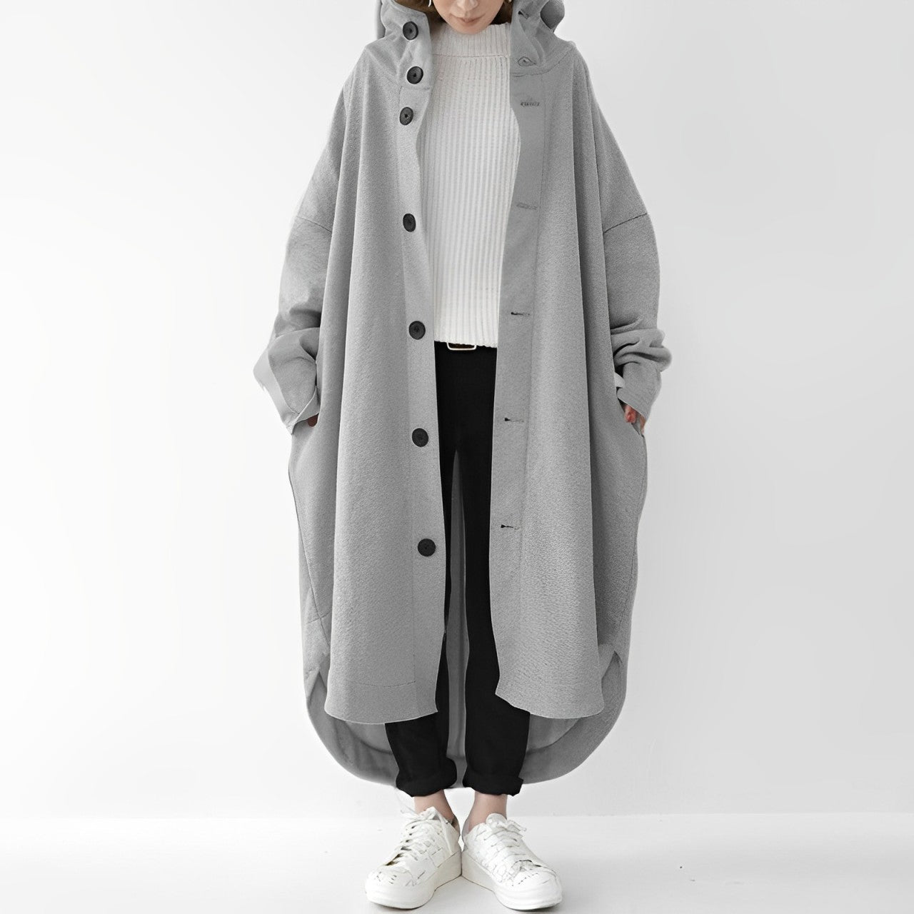 Julina | Trench Coat Long à Capuche, Boutonné, Coupe Légèrement Ample et Doux pour Femme