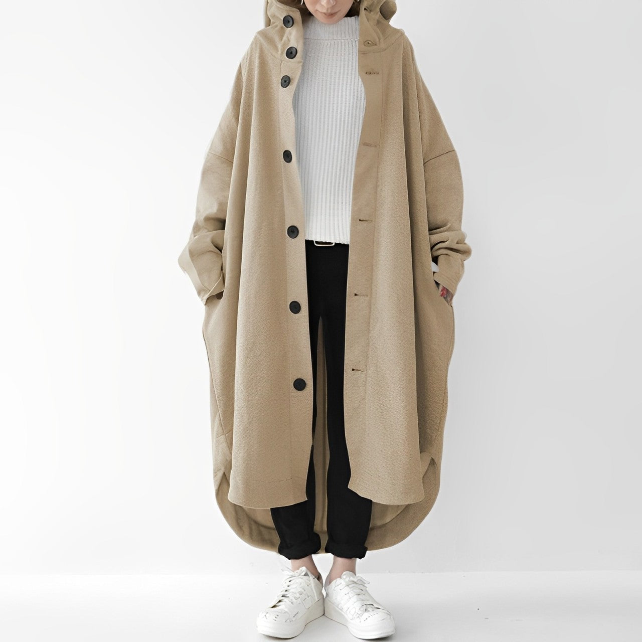 Julina | Trench Coat Long à Capuche, Boutonné, Coupe Légèrement Ample et Doux pour Femme