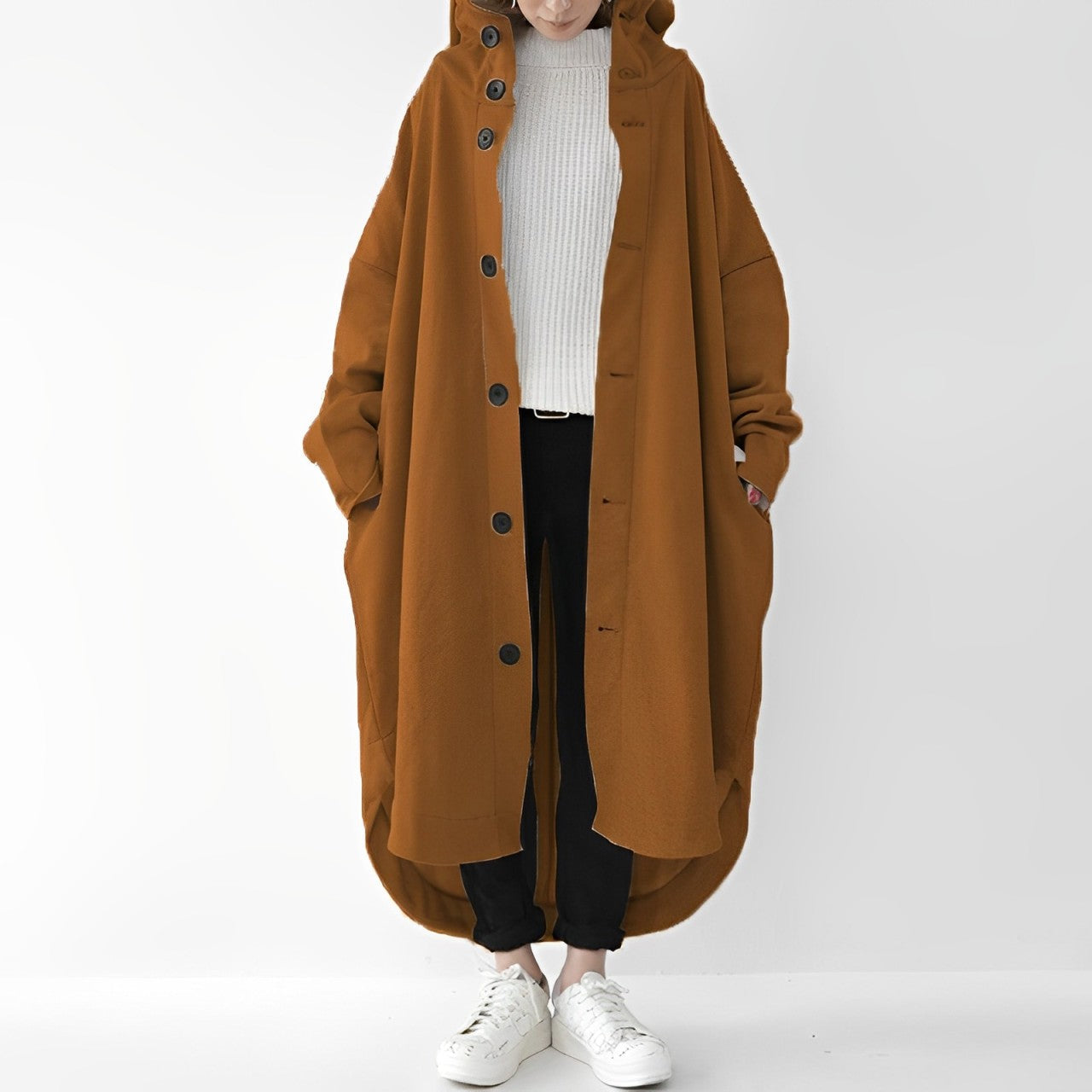 Julina | Trench Coat Long à Capuche, Boutonné, Coupe Légèrement Ample et Doux pour Femme