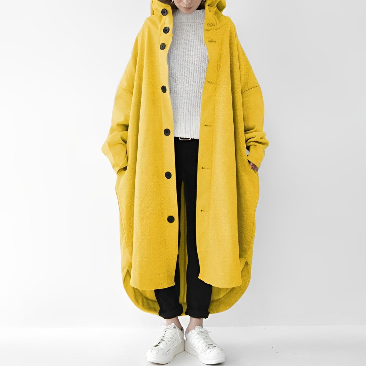 Julina | Trench Coat Long à Capuche, Boutonné, Coupe Légèrement Ample et Doux pour Femme