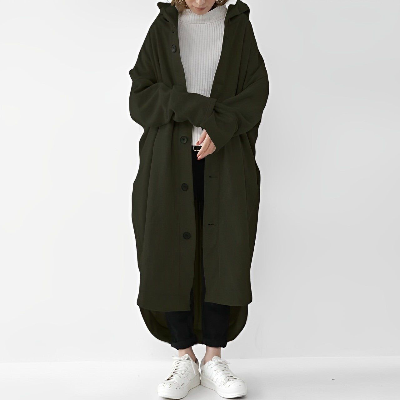 Julina | Trench Coat Long à Capuche, Boutonné, Coupe Légèrement Ample et Doux pour Femme