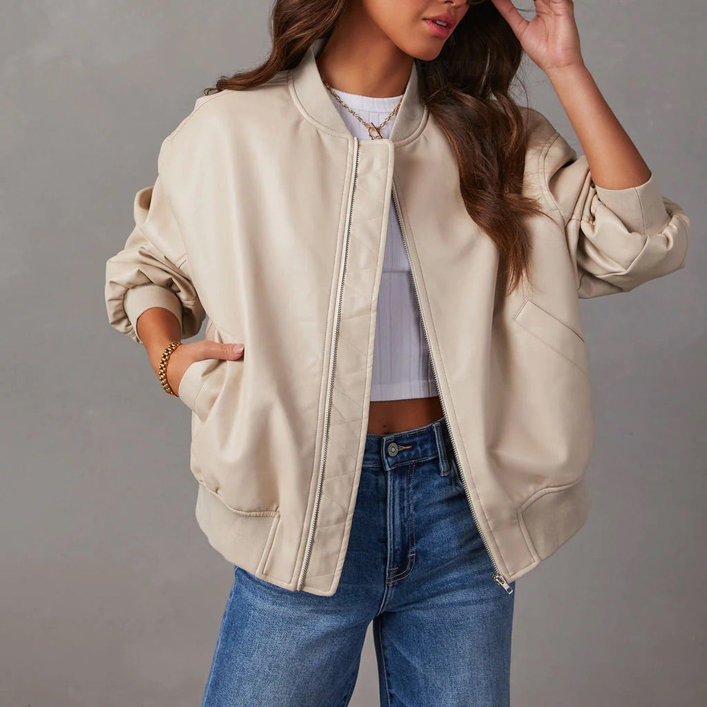 Wiselle | Veste Bomber en Cuir à Zip pour Femme