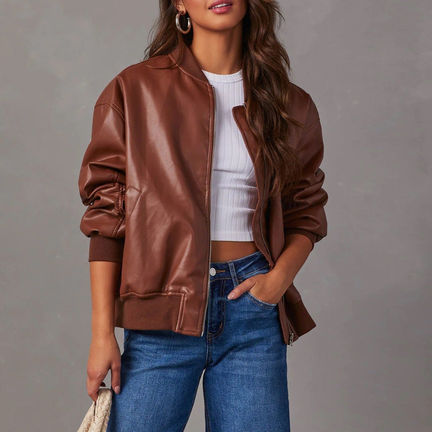 Wiselle | Veste Bomber en Cuir à Zip pour Femme