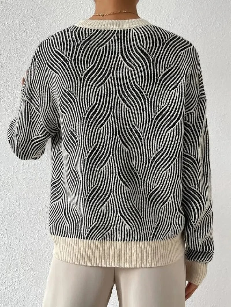 Quilléa | Pull Femme Tricoté à Col Rond et Motif Abstrait, Coupe Légèrement Ample