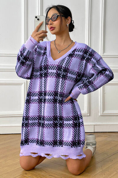 Blanche | Robe pull en maille à carreaux avec col en V élégante et confortable