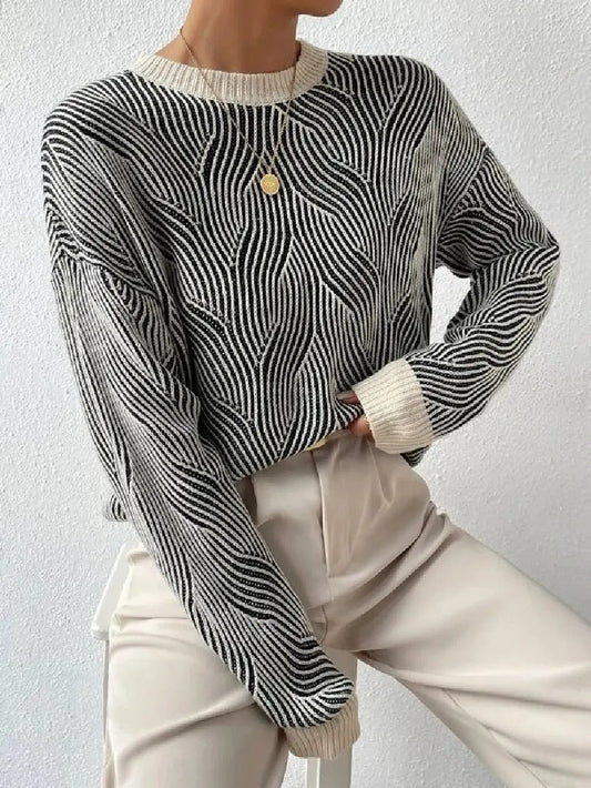 Quilléa | Pull Femme Tricoté à Col Rond et Motif Abstrait, Coupe Légèrement Ample