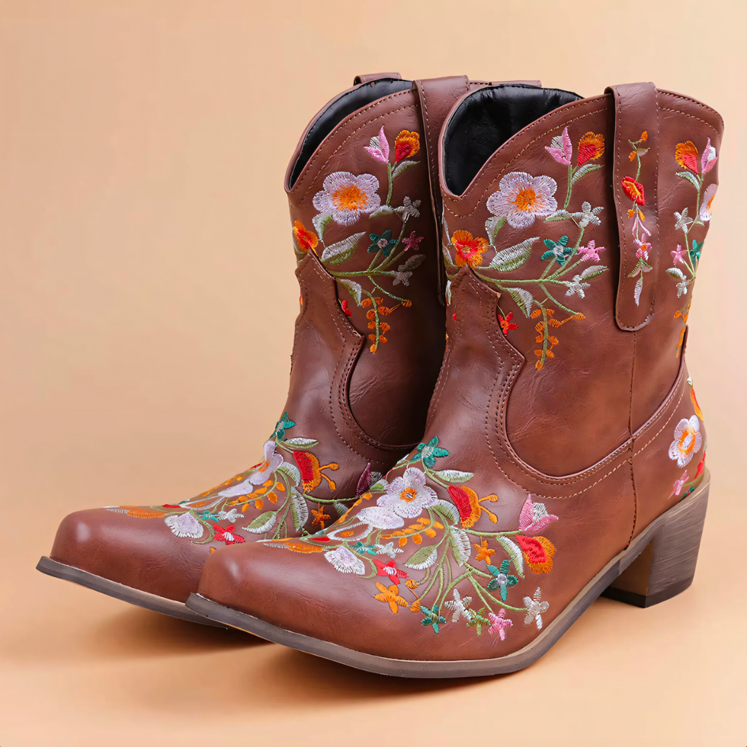 Amorette | Bottes Cowboy à Talon Bloc Motif Fleuri – Élégance et Durabilité