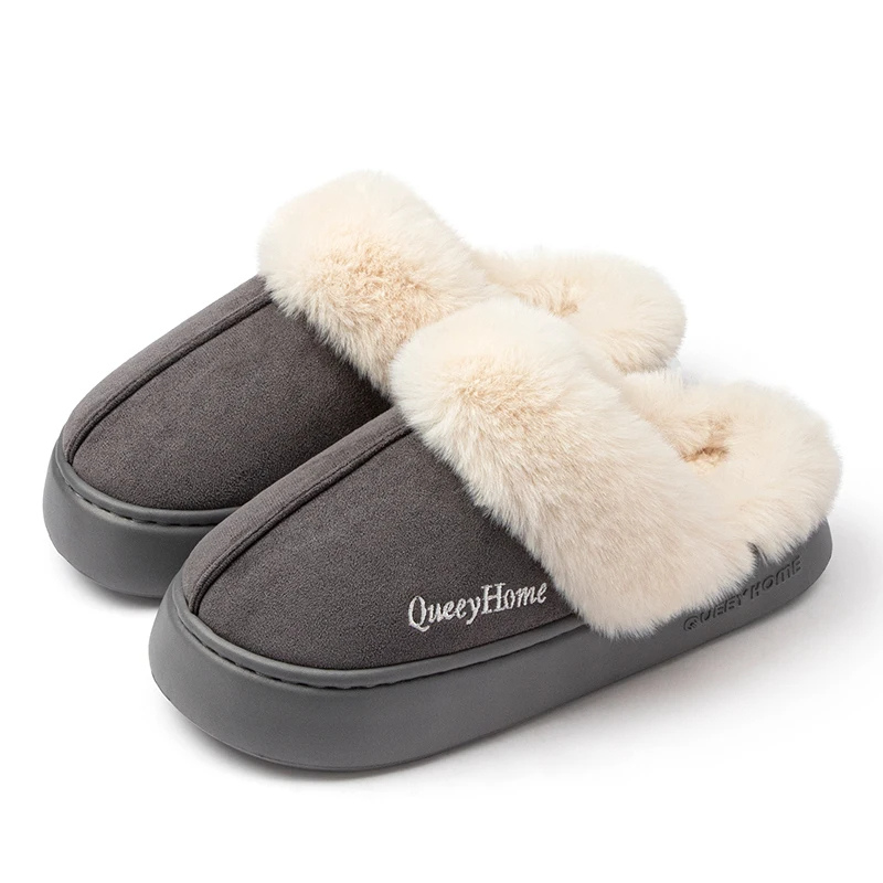 Faustinea | Chaussons d'hiver pour femme, semelle épaisse, doublure en peluche, fermés, avec imprimé "QueenyHome"