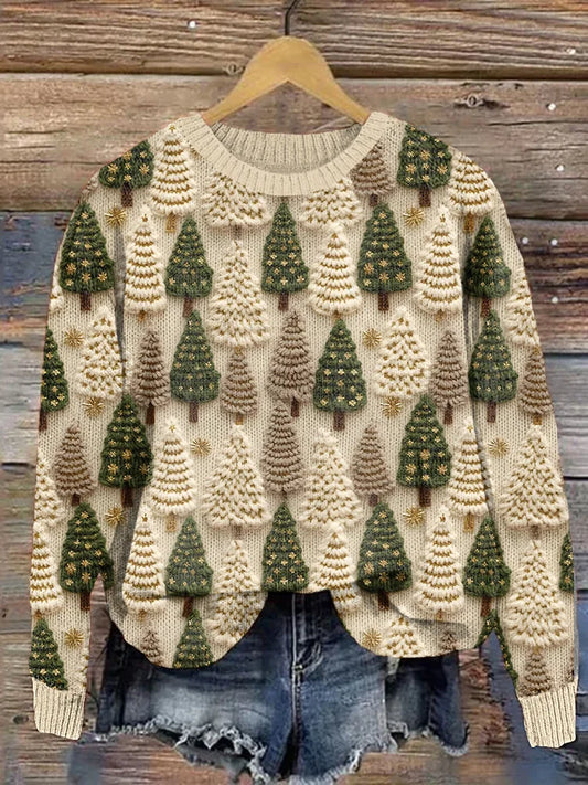 Théona | Pull Tricoté Femme Col Rond avec Broderie Arbre de Noël Stylée