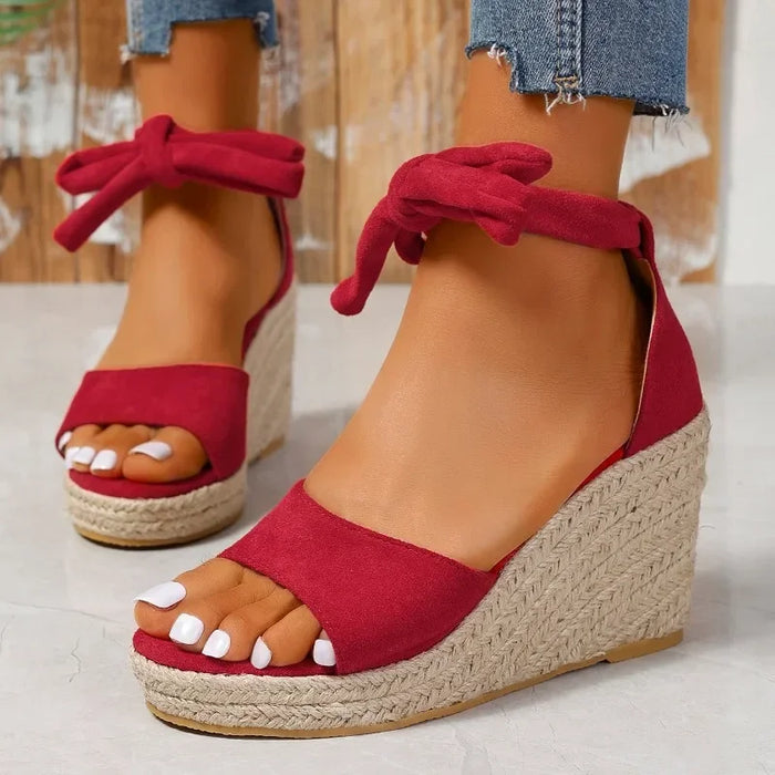 Nini | Sandales Espadrilles Rouges à Talon Compensé avec Lacets