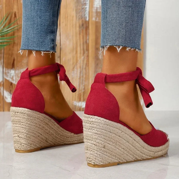 Nini | Sandales Espadrilles Rouges à Talon Compensé avec Lacets