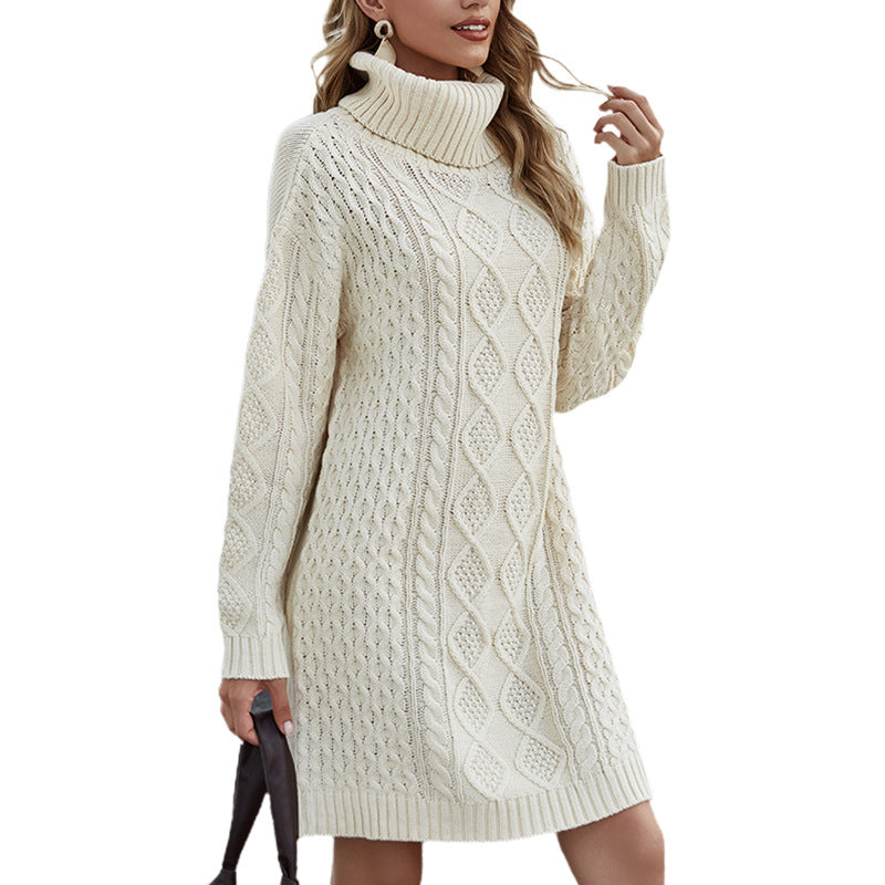 Leona | Robe Pull Beige à Col Roulé Tressée