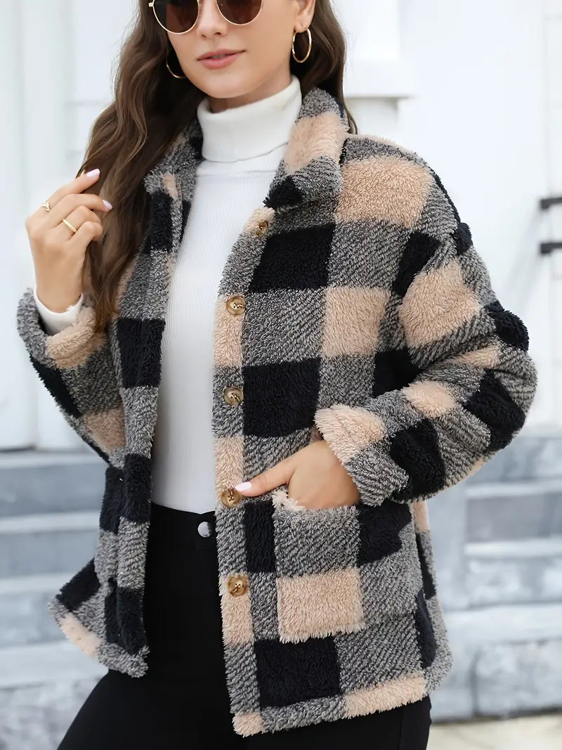 Rafaëlla | Manteau Plaid en Tissu Teddy Doux, Col Rabattu et Poches Pratiques