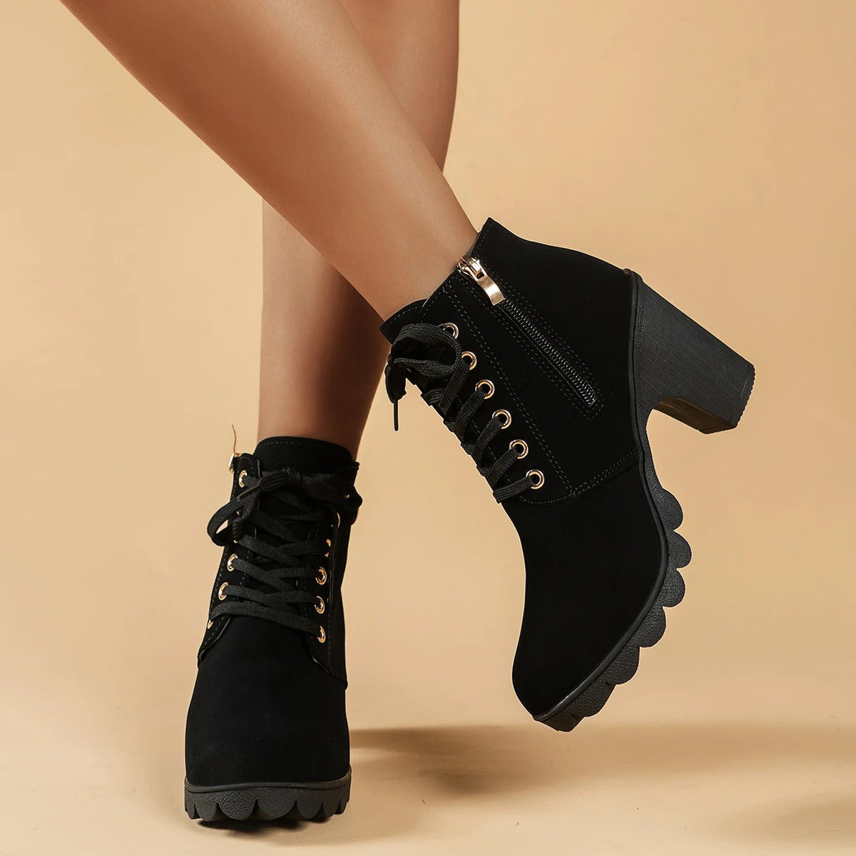 Feliz | Bottines à Talons Bloc avec Fermeture Éclair et Lacets