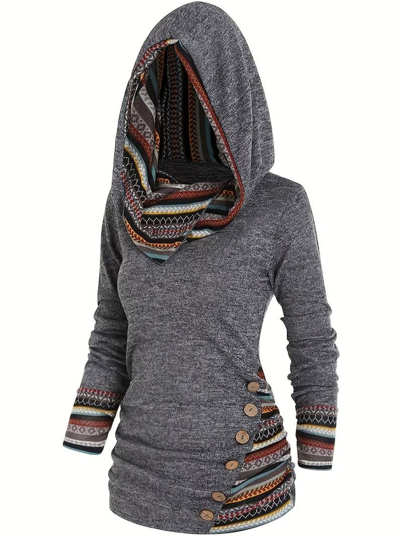 Jyllane | Pull à Capuche Femme avec Imprimé Géométrique Rétro Multicolore – Coupe Ajustée