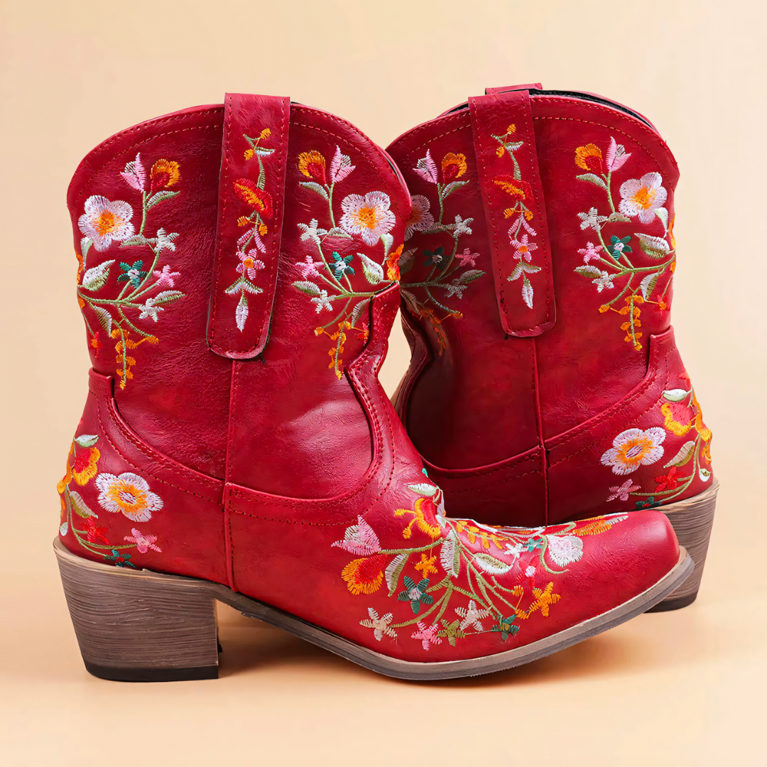 Amorette | Bottes Cowboy à Talon Bloc Motif Fleuri – Élégance et Durabilité