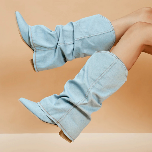 Willia | Bottes mi-hautes en denim plissé à talon bloc