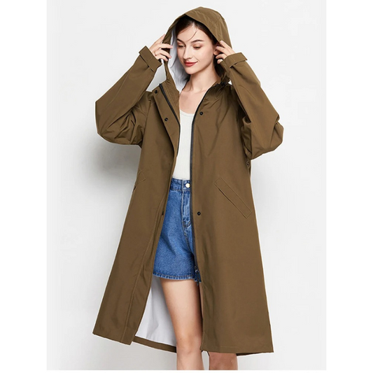 Josie | Manteau de Pluie Long Femme à Capuche, Boutonné, Coloris Uni et Imperméable