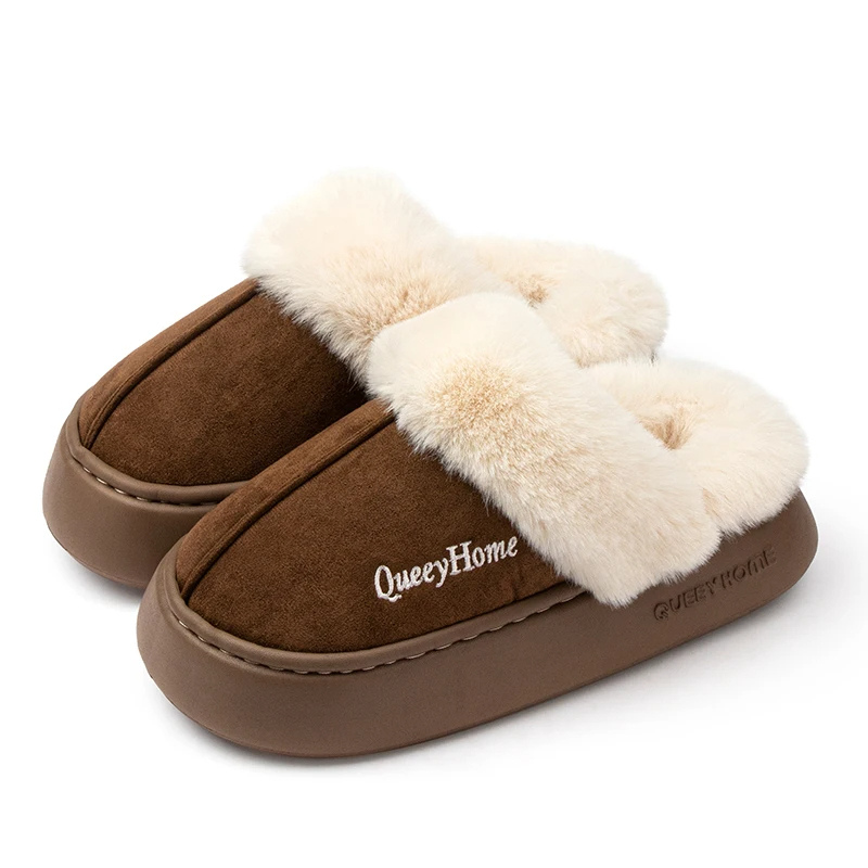 Faustinea | Chaussons d'hiver pour femme, semelle épaisse, doublure en peluche, fermés, avec imprimé "QueenyHome"