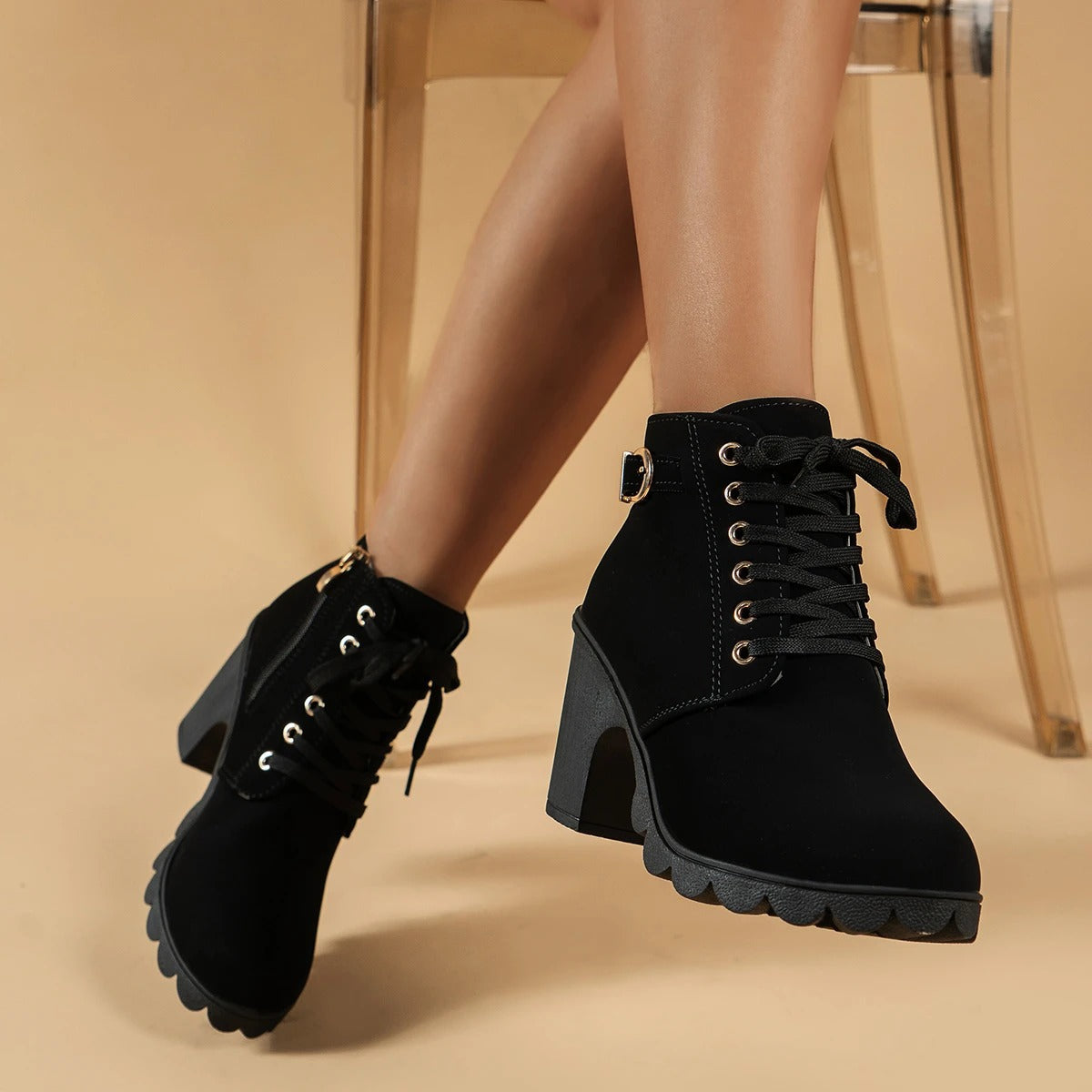 Feliz | Bottines à Talons Bloc avec Fermeture Éclair et Lacets