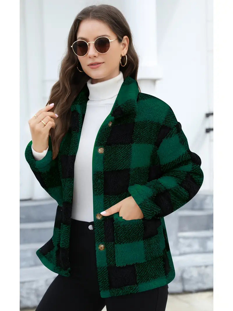 Rafaëlla | Manteau Plaid en Tissu Teddy Doux, Col Rabattu et Poches Pratiques