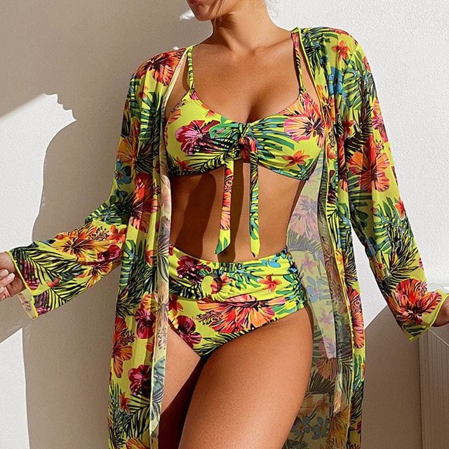 Ivannelle | Set de Bikini 3 Pièces à Imprimé Floral avec Cardigan de Plage