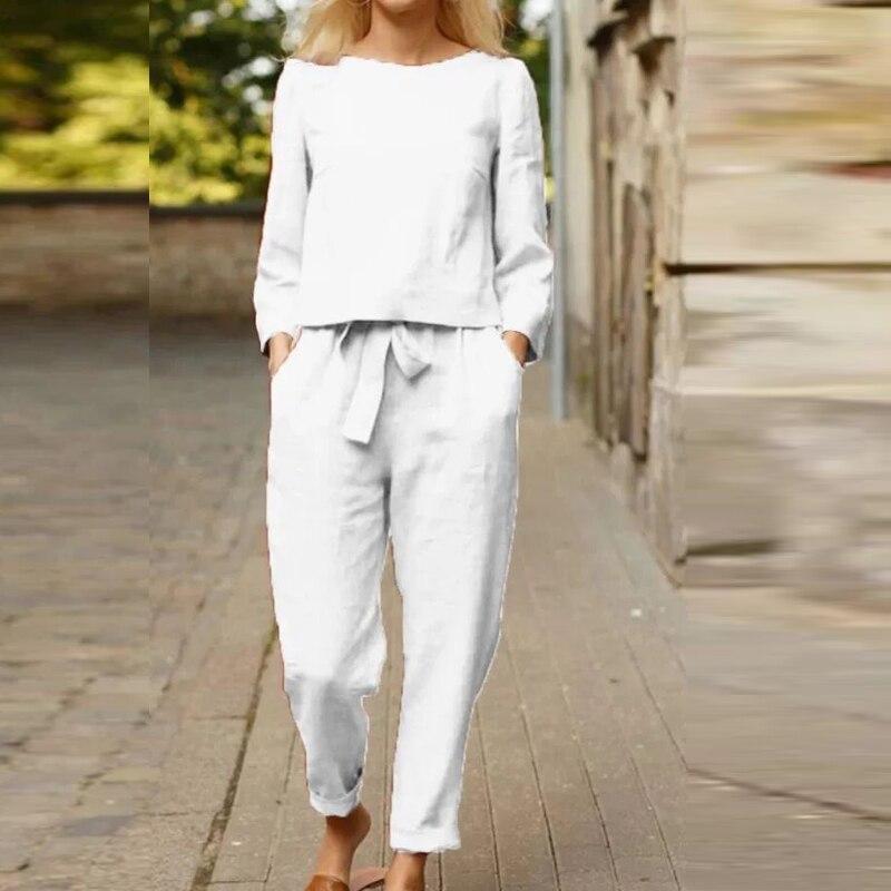 Orianne | Ensemble Femme 100 % Coton – Blouse Manches Longues & Pantalon Taille Haute – Élégant & Confortable