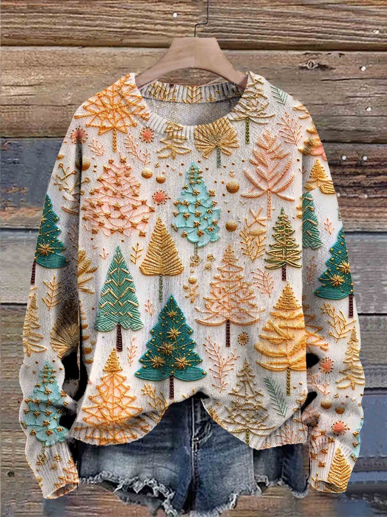 Théona | Pull Tricoté Femme Col Rond avec Broderie Arbre de Noël Stylée