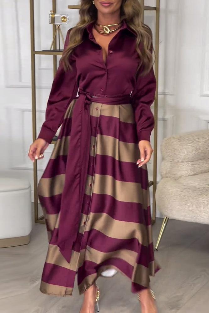 Véra | Robe Maxi Femme à Col en V Boutonnée à Manches Longues, Rayée avec Ceinture Taille Haute