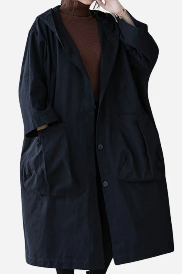 Odélia | Manteau Coupe-vent Imperméable à Capuche, Taille Unique, Oversized, Noir avec Poches Oversized et Boutons