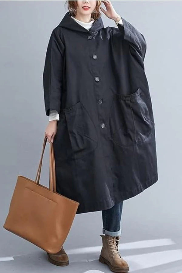 Odélia | Manteau Coupe-vent Imperméable à Capuche, Taille Unique, Oversized, Noir avec Poches Oversized et Boutons