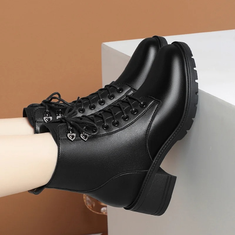 Héphesta | Bottines pour femme à lacets, fermeture éclair latérale, talon bloc, doublure en polaire - Noir